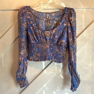Free People Santiago Floral Smocked Waist Long Sleeve Boho Top size XS